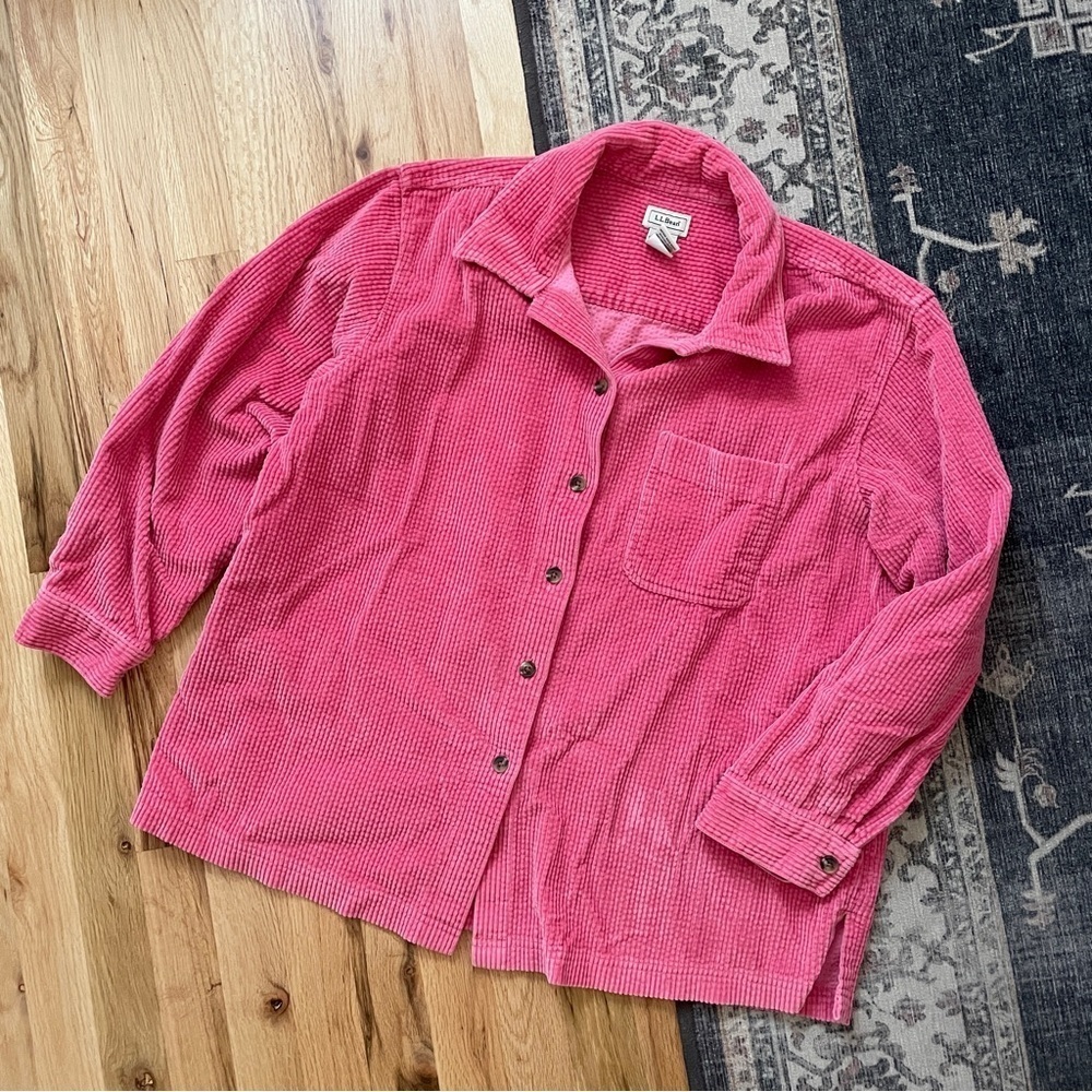 Vintage Y2K L.L. Bean Pink Corduroy Button Down Shirt Shacket Petite Large - Picture 6 of 6